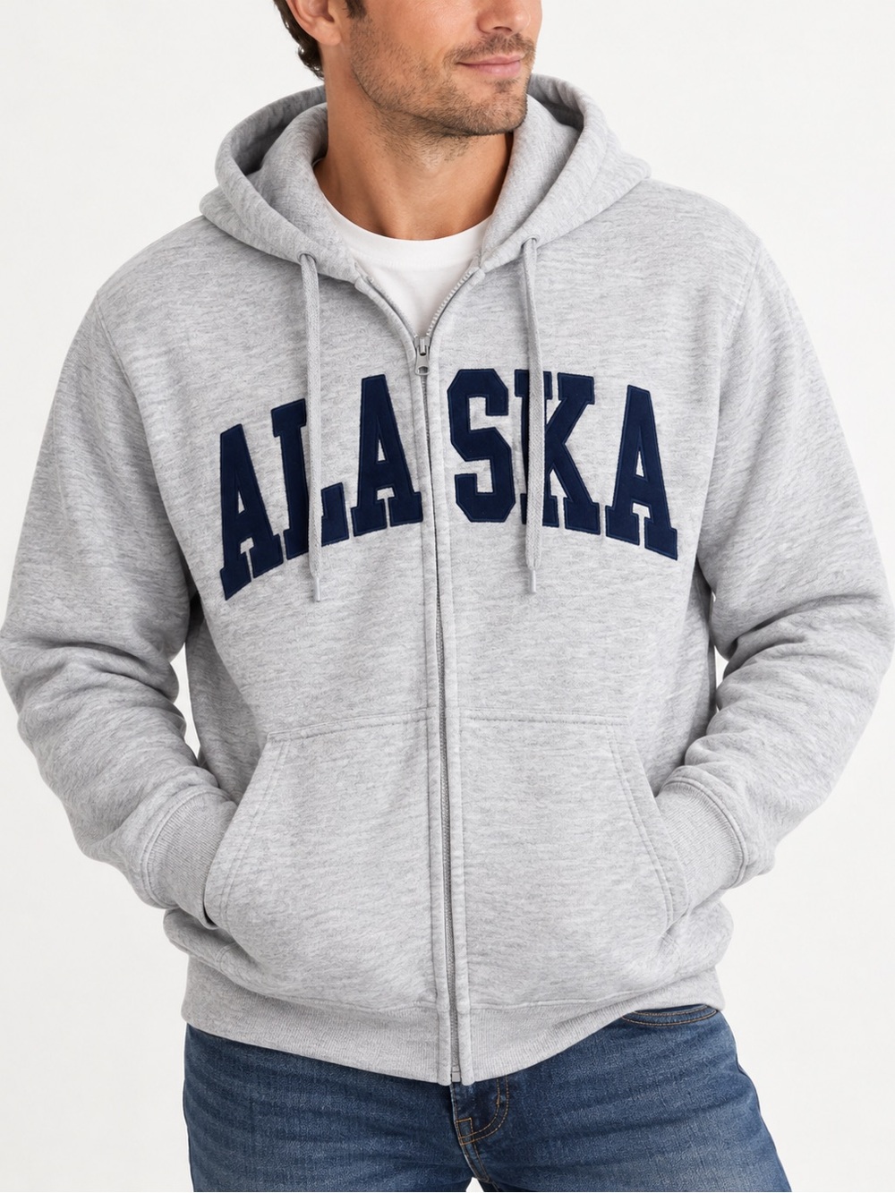 Men's Gray Full-Zip Hoodie with Navy 'ALASKA' Lettering